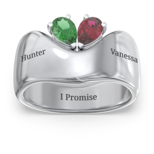 Toi et Moi Pear Gemstone Ring with Wide Curved Band – Sterling Silver with Emerald and Ruby