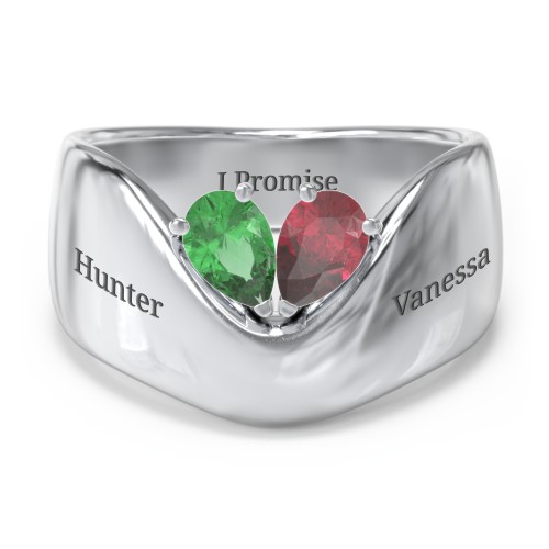 Toi et Moi Pear Gemstone Ring with Wide Curved Band – Sterling Silver with Emerald and Ruby
