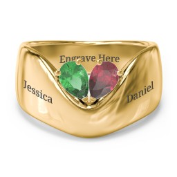 Toi et Moi Pear Gemstone Ring with Wide Curved Band in 9K Solid Yellow Gold with Emerald and Ruby
