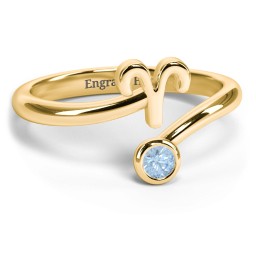 Zodiac Sign & Birthstone Bypass Ring in 18K Gold Plated Silver with Blue Topaz