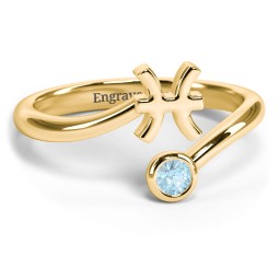 Zodiac Sign & Birthstone Bypass Ring in 18K Gold Plated Silver with Blue Topaz