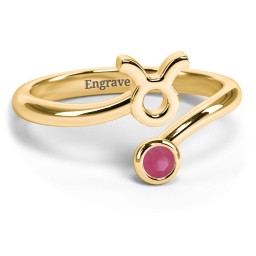Zodiac Sign & Birthstone Bypass Ring in 18K Gold Plated Silver with Ruby