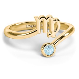 Zodiac Sign & Birthstone Bypass Ring in 18K Gold Plated Silver with Blue Topaz