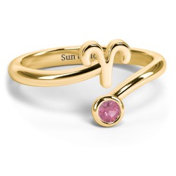 Zodiac Sign & Birthstone Bypass Ring in 18K Gold Plated Silver with Pink Tourmaline