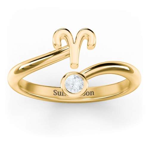 Zodiac Sign & Birthstone Bypass Ring – 18K Gold Plated Silver with Aquamarine