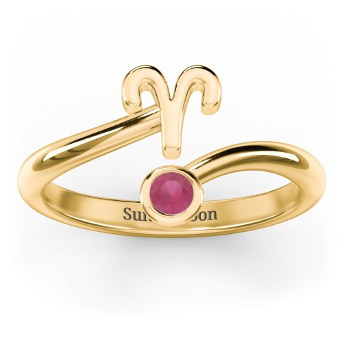 Zodiac Sign & Birthstone Bypass Ring – 18K Gold Plated Silver with Ruby