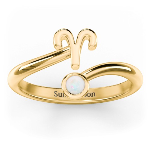 Zodiac Sign & Birthstone Bypass Ring – 18K Gold Plated Silver with Opal