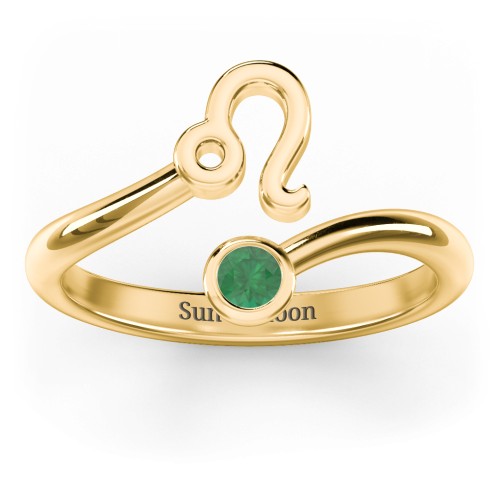 Zodiac Sign & Birthstone Bypass Ring – 18K Gold Plated Silver with Emerald