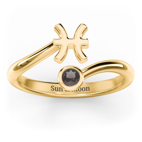 Zodiac Sign & Birthstone Bypass Ring – 18K Gold Plated Silver with Smokey Quartz