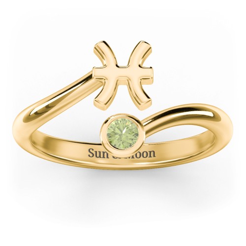 Zodiac Sign & Birthstone Bypass Ring – 18K Gold Plated Silver with Peridot