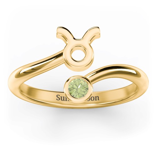 Zodiac Sign & Birthstone Bypass Ring – 18K Gold Plated Silver with Peridot