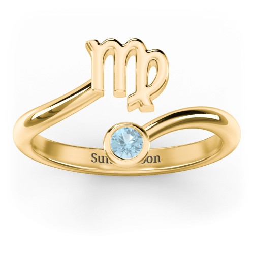 Zodiac Sign & Birthstone Bypass Ring – 18K Gold Plated Silver with Blue Topaz