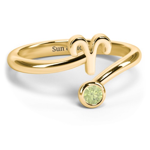 Zodiac Sign & Birthstone Bypass Ring – 18K Gold Plated Silver with Peridot