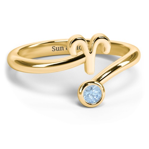 Zodiac Sign & Birthstone Bypass Ring – 18K Gold Plated Silver with Blue Topaz