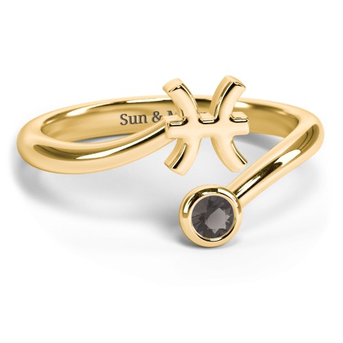 Zodiac Sign & Birthstone Bypass Ring – 18K Gold Plated Silver with Smokey Quartz