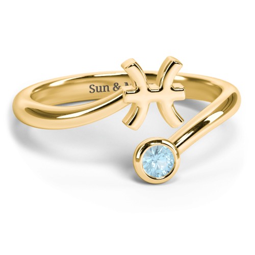 Zodiac Sign & Birthstone Bypass Ring – 18K Gold Plated Silver with Blue Topaz