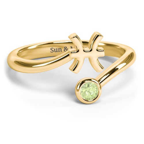 Zodiac Sign & Birthstone Bypass Ring – 18K Gold Plated Silver with Peridot