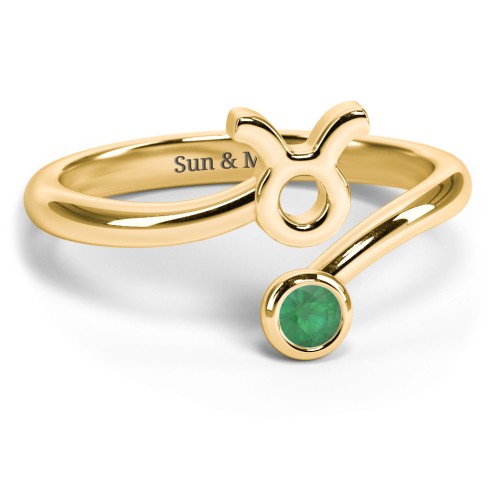 Zodiac Sign & Birthstone Bypass Ring – 18K Gold Plated Silver with Emerald