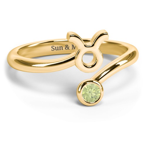 Zodiac Sign & Birthstone Bypass Ring – 18K Gold Plated Silver with Peridot