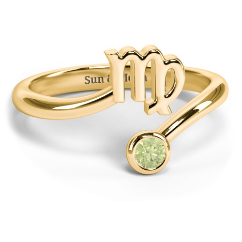 Zodiac Sign & Birthstone Bypass Ring – 18K Gold Plated Silver with Peridot