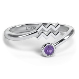 Zodiac Sign & Birthstone Bypass Ring in 925 Sterling Silver with Amethyst