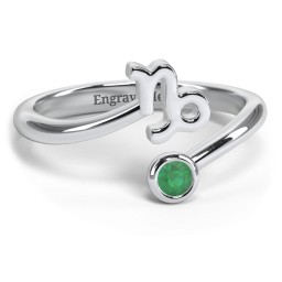 Zodiac Sign & Birthstone Bypass Ring in 925 Sterling Silver with Emerald