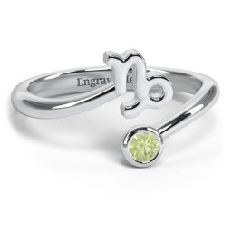 Zodiac Sign & Birthstone Bypass Ring in 925 Sterling Silver with Peridot