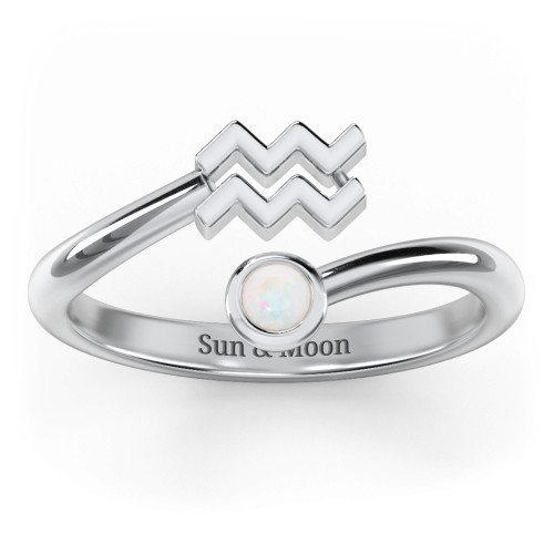 Zodiac Sign & Birthstone Bypass Ring – Sterling Silver with Opal
