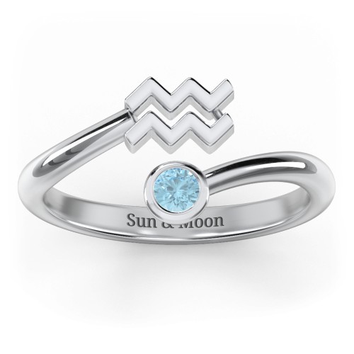 Zodiac Sign & Birthstone Bypass Ring – Sterling Silver with Blue Topaz