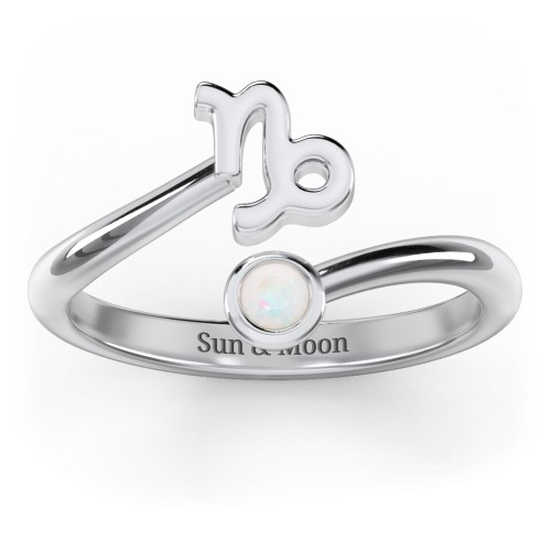 Zodiac Sign & Birthstone Bypass Ring – Sterling Silver with Opal