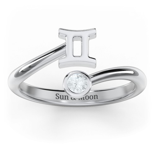 Zodiac Sign & Birthstone Bypass Ring – Sterling Silver with Aquamarine