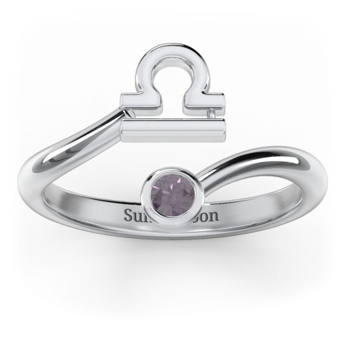Zodiac Sign & Birthstone Bypass Ring – Sterling Silver with Alexandrite
