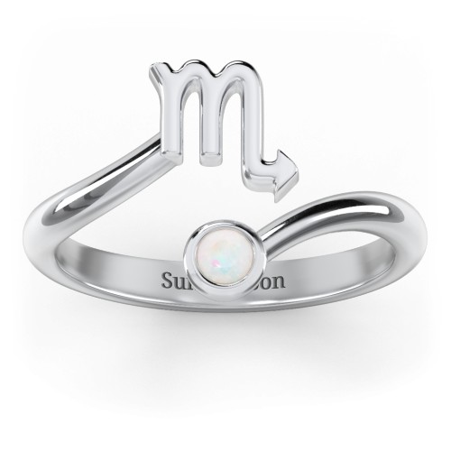 Zodiac Sign & Birthstone Bypass Ring – Sterling Silver with Opal