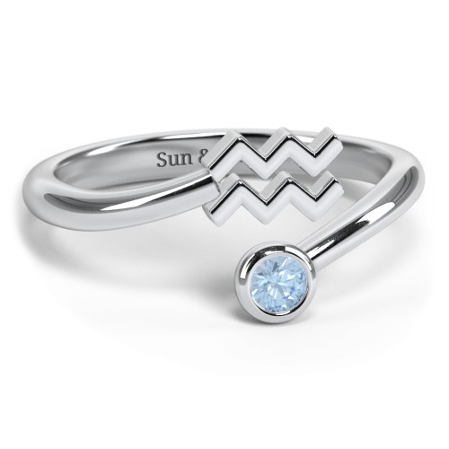 Zodiac Sign & Birthstone Bypass Ring – Sterling Silver with Blue Topaz
