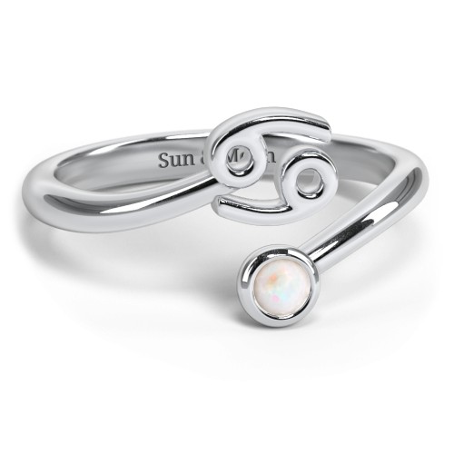 Zodiac Sign & Birthstone Bypass Ring – Sterling Silver with Opal