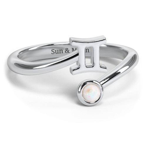 Zodiac Sign & Birthstone Bypass Ring – Sterling Silver with Opal