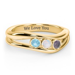 Curved 3 Bezel-Set Round Birthstone Ring in 18K Gold Plated Silver with Blue Topaz, Opal, and Alexandrite