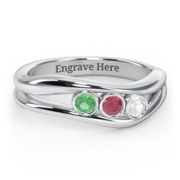 Curved 3 Bezel-Set Round Birthstone Ring in 925 Sterling Silver with Emerald, Ruby, and Cubic Zirconia