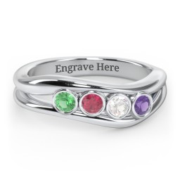 Curved 4 Bezel-Set Round Birthstone Ring in 925 Sterling Silver with Emerald, Ruby, Cubic Zirconia, and Amethyst