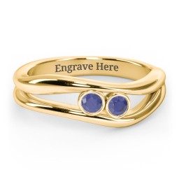 Curved 2 Bezel-Set Round Birthstone Ring in 18K Gold Plated Silver with Blue Sapphire, Emerald, and Blue Topaz