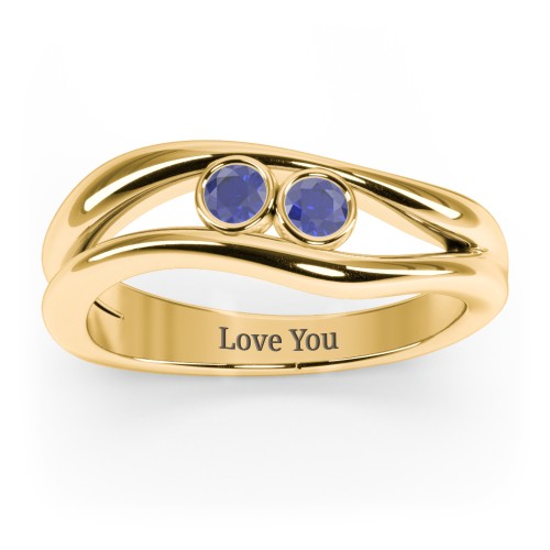 Curved 2 Bezel-Set Round Birthstone Ring – 18K Gold Plated Silver with Blue Sapphire