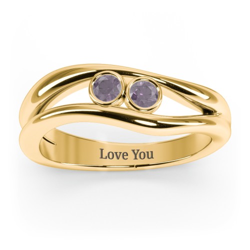 Curved 2 Bezel-Set Round Birthstone Ring – 18K Gold Plated Silver with Alexandrite