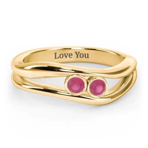 Curved 2 Bezel-Set Round Birthstone Ring – 18K Gold Plated Silver with Ruby
