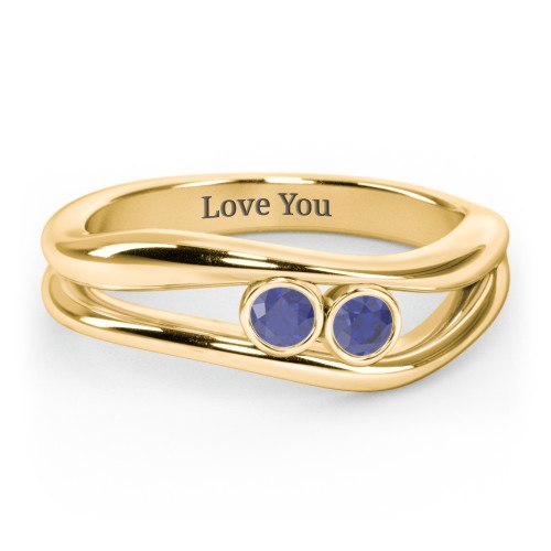 Curved 2 Bezel-Set Round Birthstone Ring – 18K Gold Plated Silver with Blue Sapphire