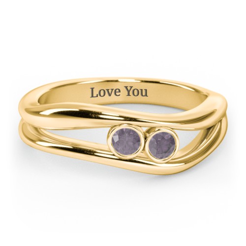 Curved 2 Bezel-Set Round Birthstone Ring – 18K Gold Plated Silver with Alexandrite