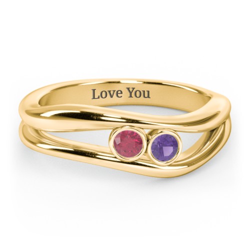 Curved 2 Bezel-Set Round Birthstone Ring – 18K Gold Plated Silver with Ruby and Amethyst
