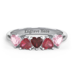 5 Heart Birthstone Ring in 925 Sterling Silver with Pink Tourmaline, Ruby, and Garnet