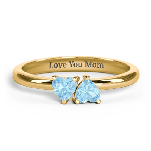 2 Heart Birthstone Ring – 18K Gold Plated Silver with Blue Topaz
