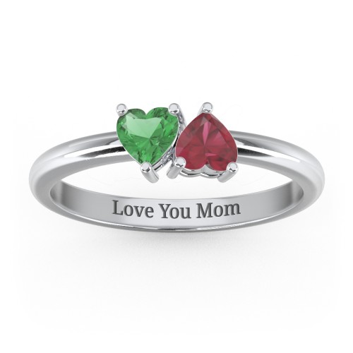 2 Heart Birthstone Ring – Sterling Silver with Emerald and Ruby