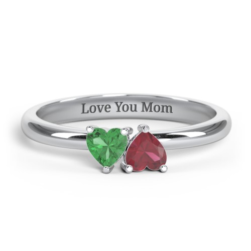 2 Heart Birthstone Ring – Sterling Silver with Emerald and Ruby